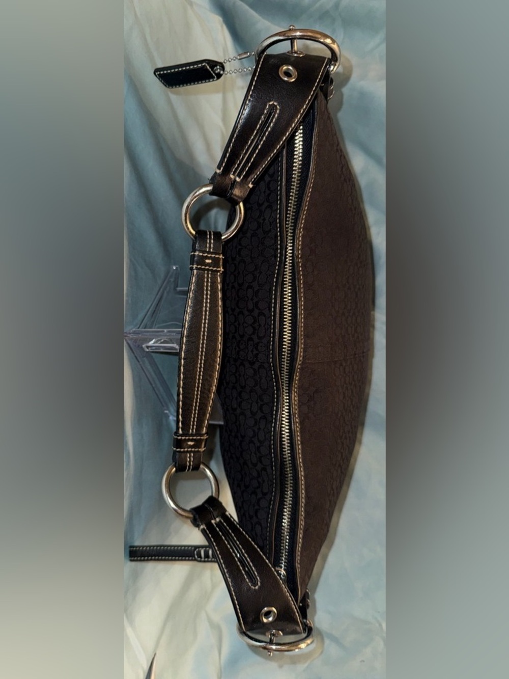 Coach Black Signature Mini C’s Jacquard Hobo with Leather Trim & White Stitching - Picture 11 of 15